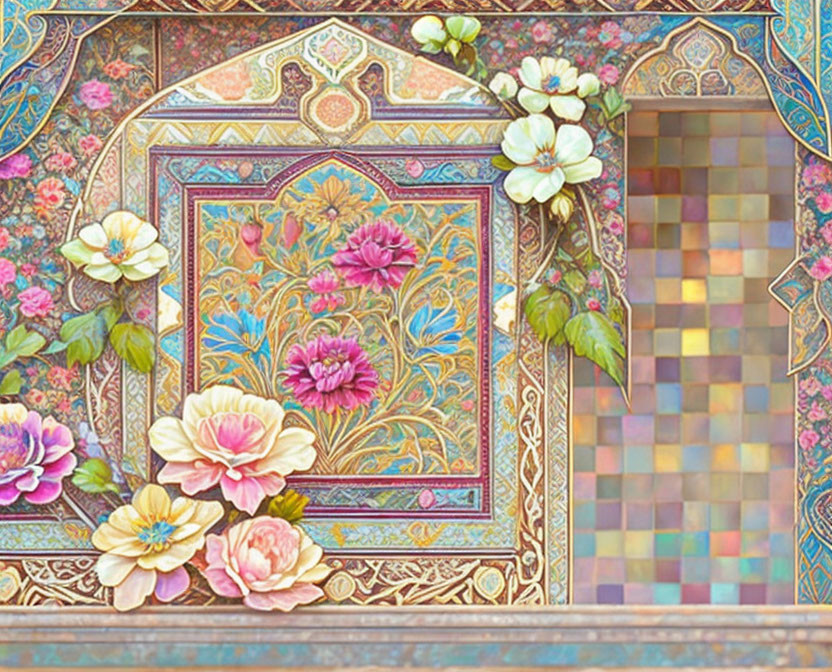 Vibrant floral and geometric mosaic with pixelation on the right side