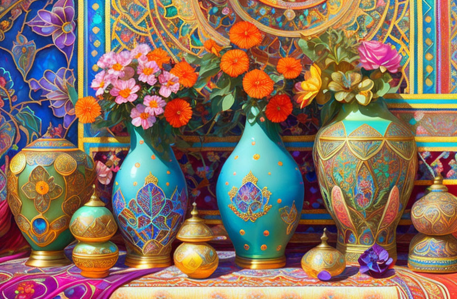 Vibrant ornate vases and bowls with intricate designs against vibrant tapestries and fresh flowers