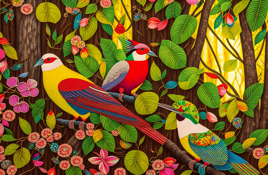 Vibrant illustrated birds on branch with intricate patterns