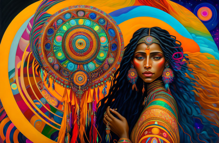 Colorful artwork of woman with blue hair in traditional attire on psychedelic mandala background