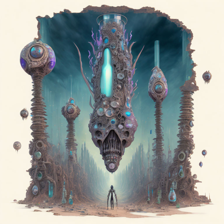 Surreal landscape with giant skull-shaped structures and glowing orbs