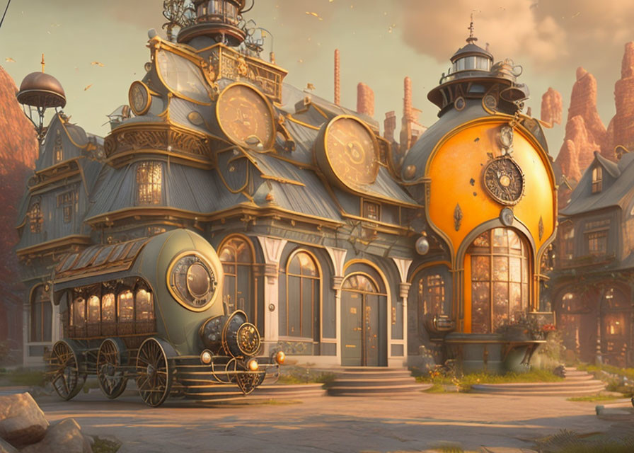 Steampunk-style train station with vintage train and intricate clocks against warm, glowing backdrop