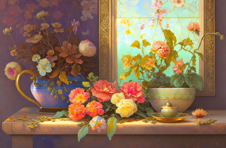 Classic Still Life Painting with Vase, Flowers, Bowl, and Blossoms