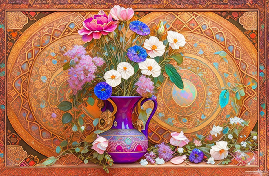 Colorful Flower Arrangement in Purple Vase on Ornamental Background