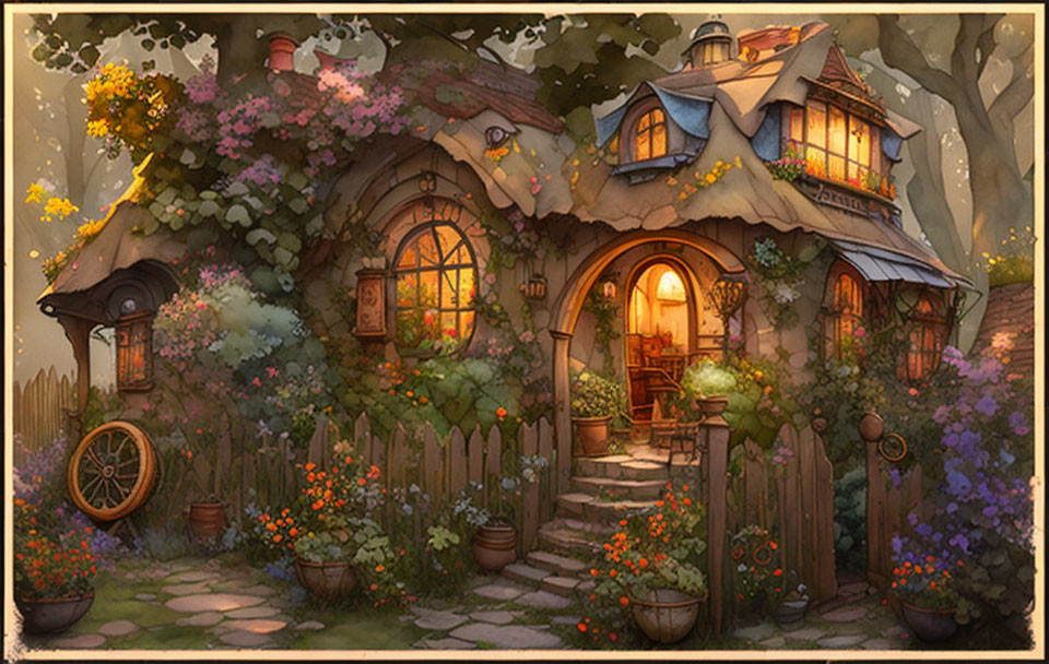 Charming cottage surrounded by colorful flowers and plants at twilight