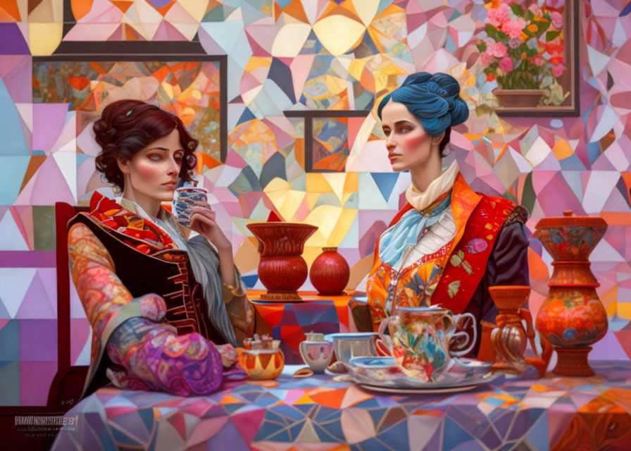 Stylized women in intricate outfits with ornate tea set in floral setting