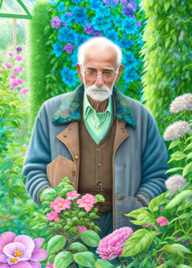 Elderly man with beard and glasses among vibrant flowers in jacket and vest