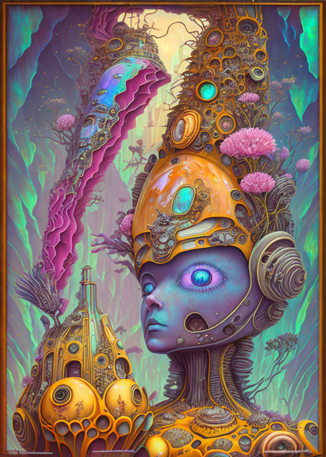 Fantastical portrait of being with mechanical crown in vibrant alien landscape