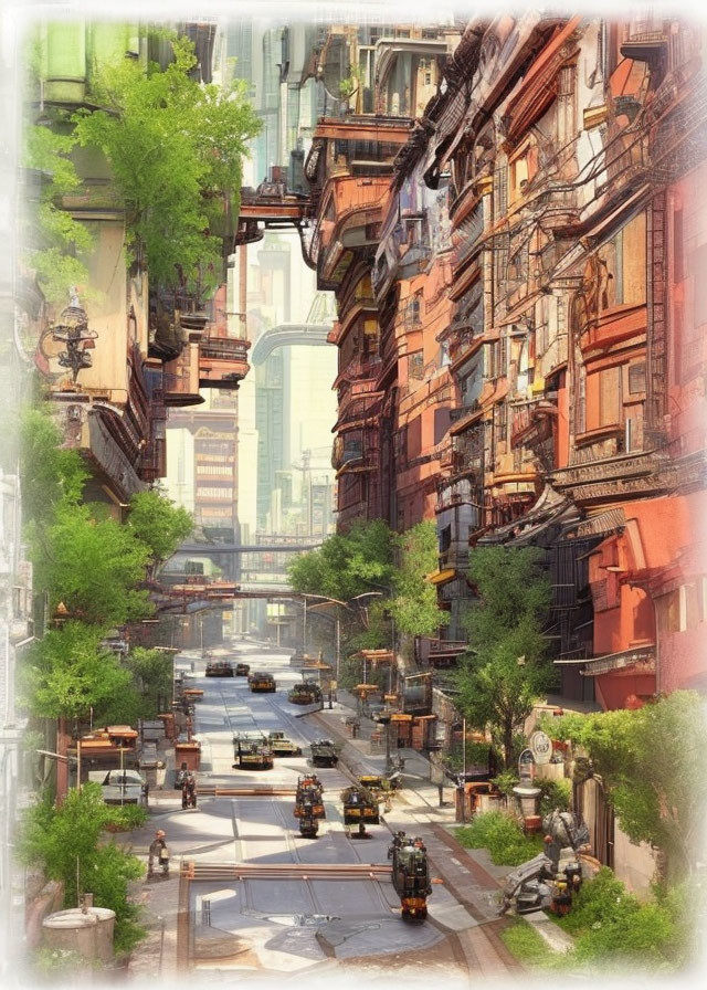 Futuristic urban street with flying vehicles and lush greenery