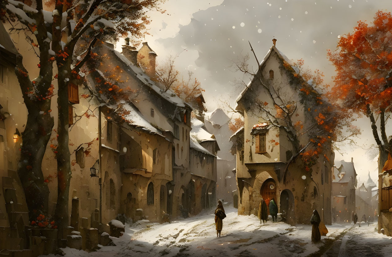 Snow-covered cobblestone street with old houses and warm glowing lights in a serene winter town