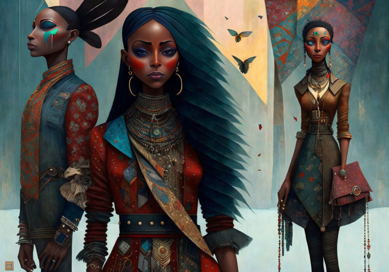 Stylized woman in futuristic tribal attire with earthy tones and unique accessories