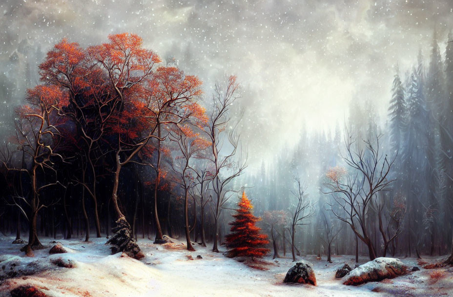 Snow-covered forest with bare and reddish-leaved trees under a starry sky