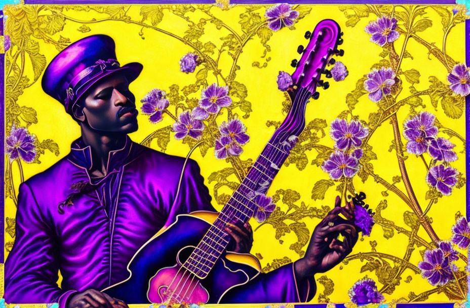 Vibrant illustration of man playing guitar in purple suit on yellow floral background