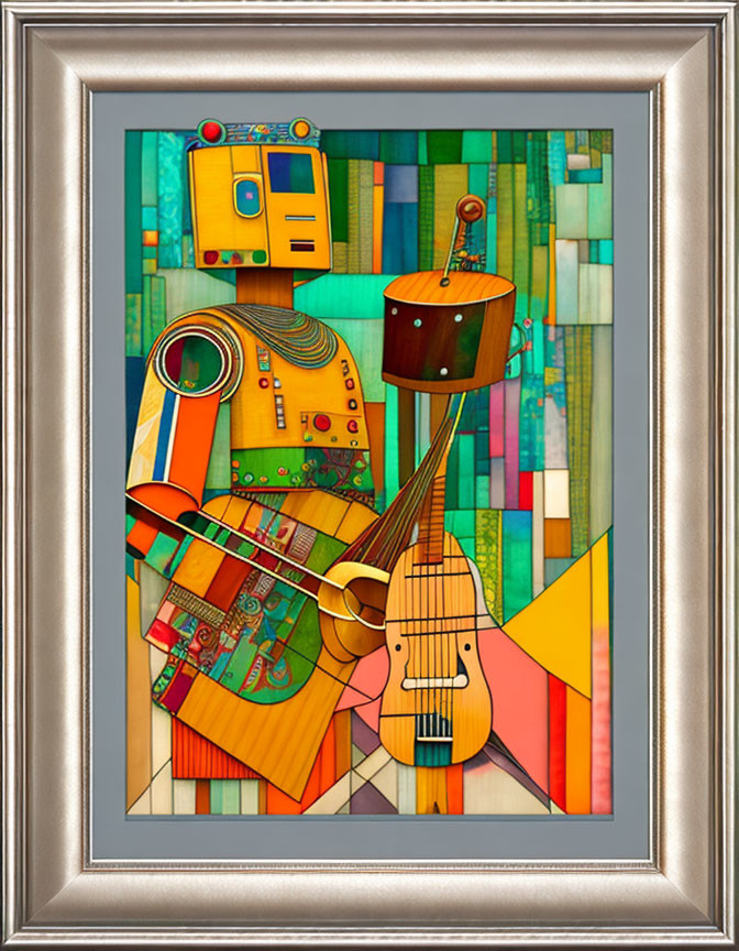 Abstract Cubist-Style Painting with Musical Instruments and Geometric Shapes in Silver Frame