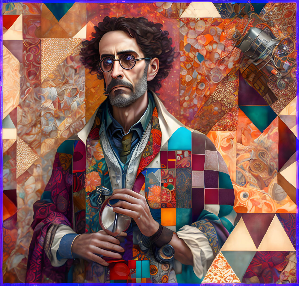 Portrait of a bearded man with glasses holding a violin against colorful pattern.