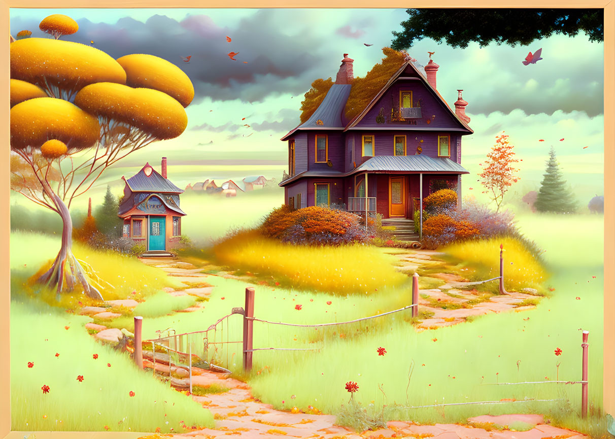 Victorian house in surreal autumn landscape with golden trees and gazebo