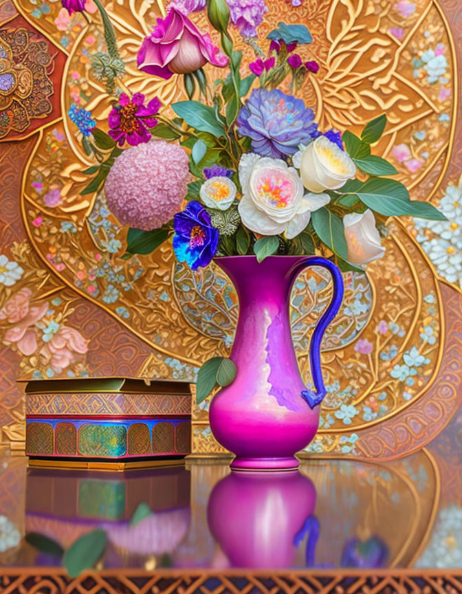 Colorful Flowers in Magenta Vase on Reflective Surface with Gold-Patterned Background