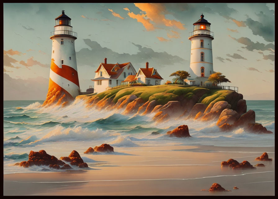 Coastal sunset scene with two lighthouses, house, and crashing waves