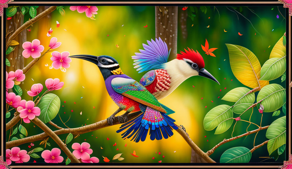 Vibrant illustration of exotic birds on branch with colorful flowers