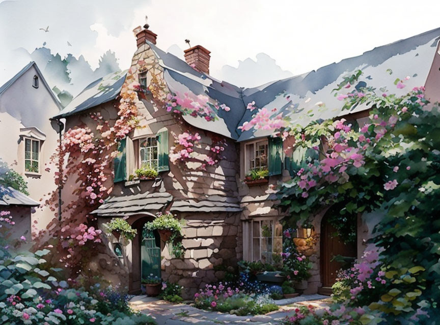 Stone facade cottage with blooming flowers and ivy, quaint windows, rustic roof.