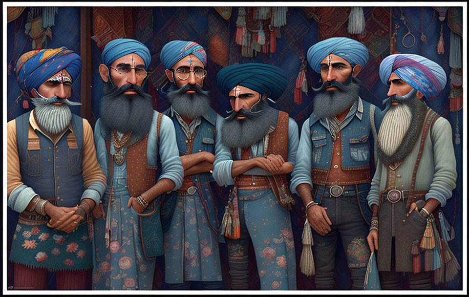 Six Sikh men in stylish attire with turbans and beards showcasing confidence and camaraderie.