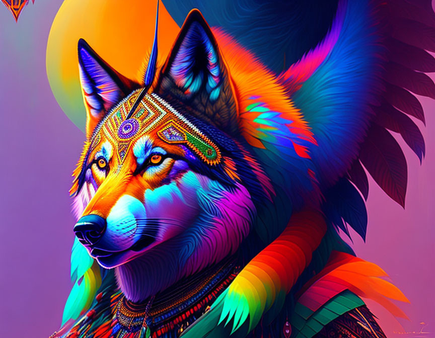 Colorful wolf digital art with patterned headpiece and feathers