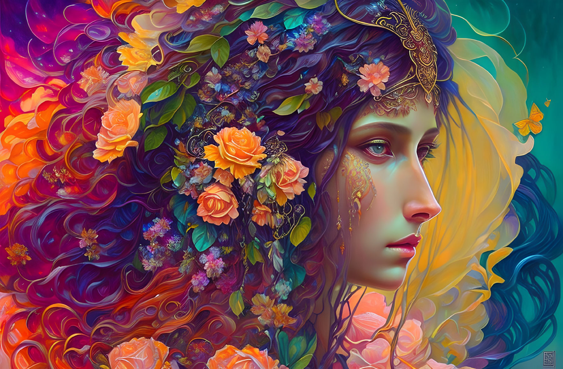 Colorful illustration of a woman with floral crown and red hair in dreamy setting