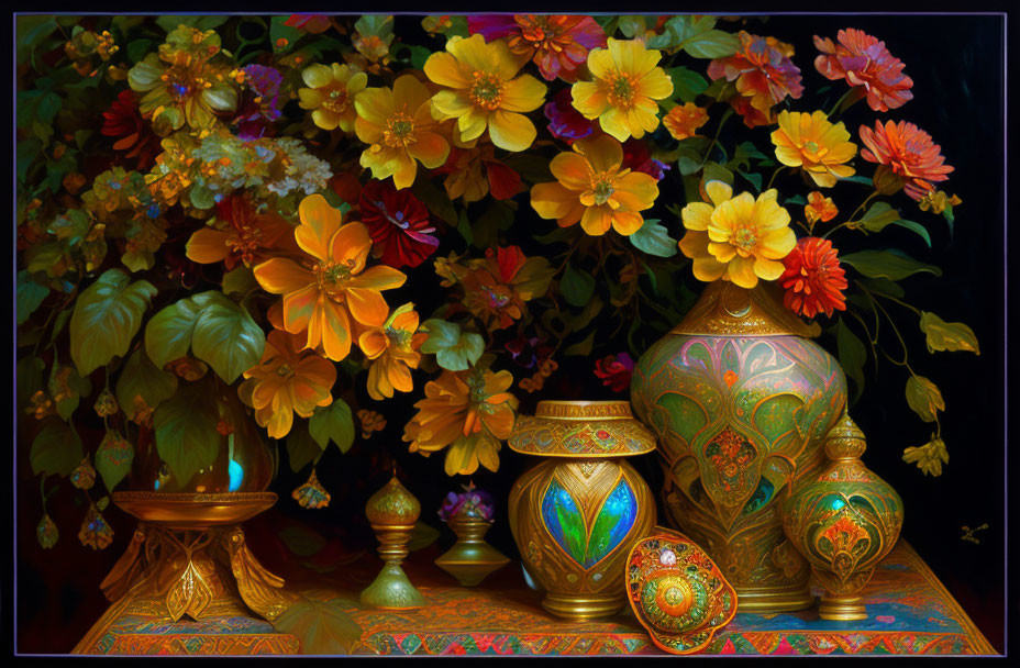 Luminous flowers in golden vases with candle and rich fabrics