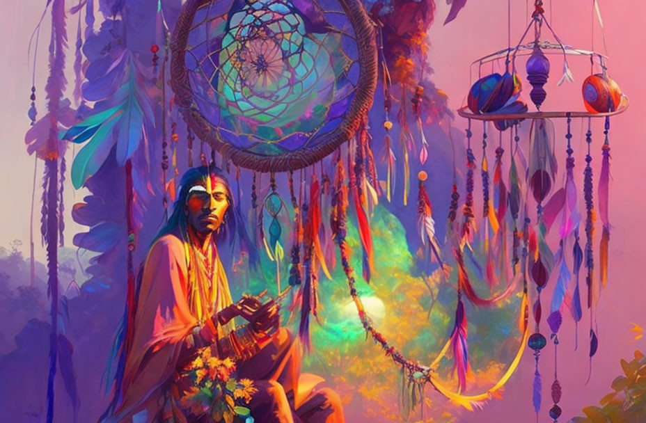 Meditation scene with vibrant dreamcatchers and feathers on mystical purple and pink background