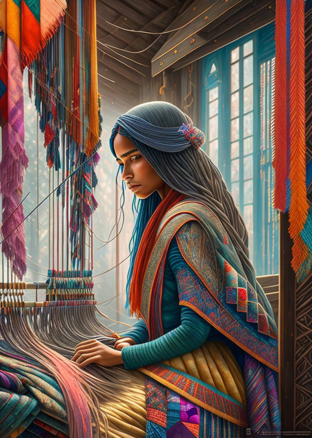 Traditional woman weaving on loom in vibrant setting