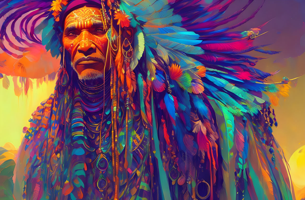 Colorful digital artwork featuring person with feather headdress & jewelry