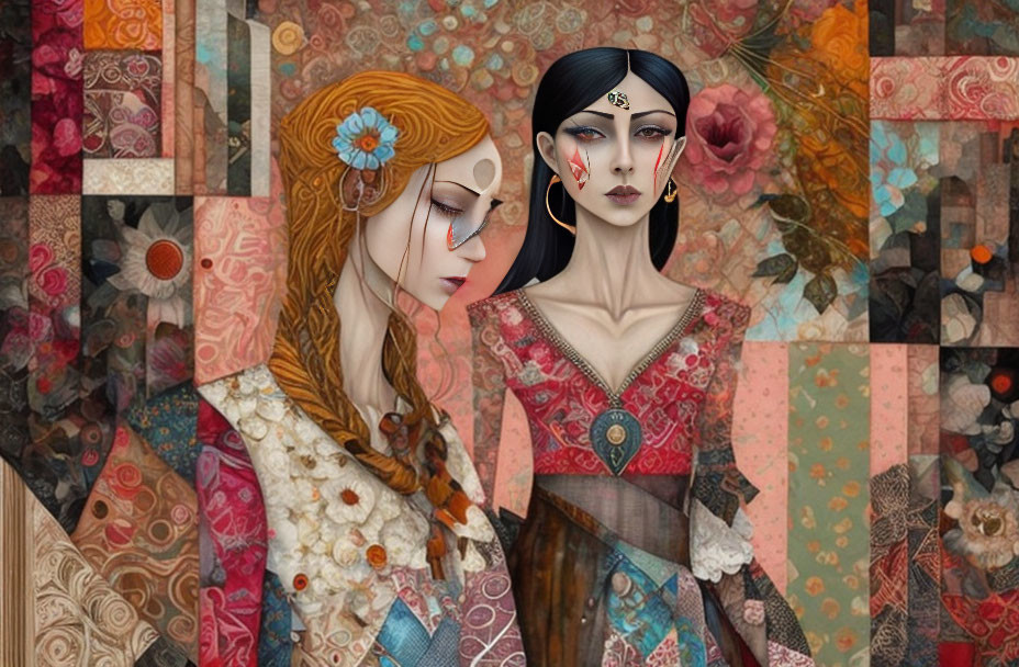 Stylized female figures in intricate attire on patchwork background