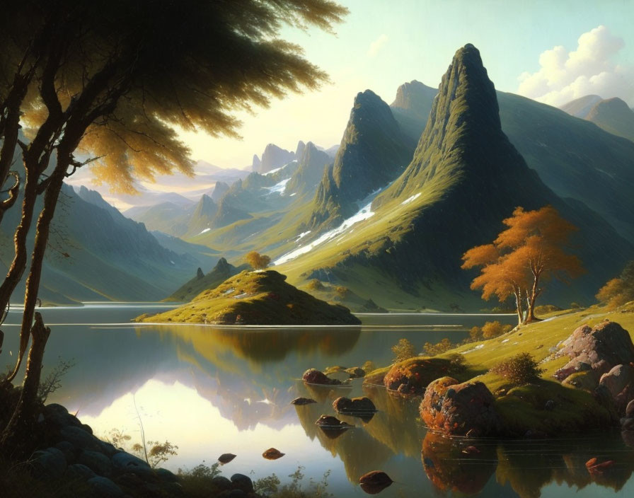 Serene landscape: mountains mirrored in lake with lone tree and orange leaves under gentle light