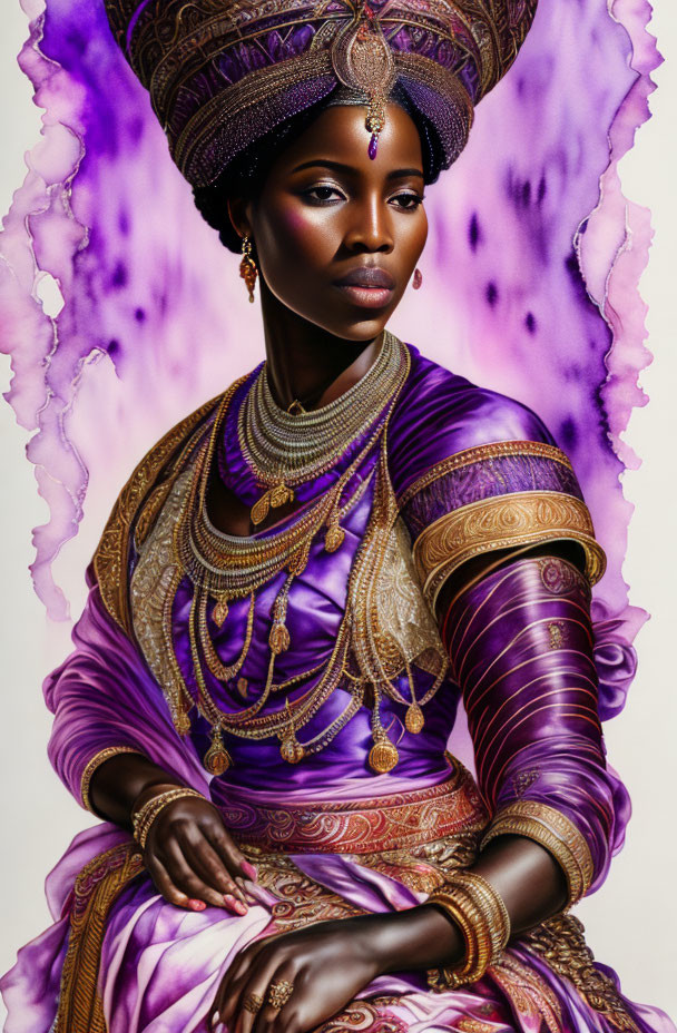 Regal woman in vibrant purple traditional attire with turban and gold jewelry.