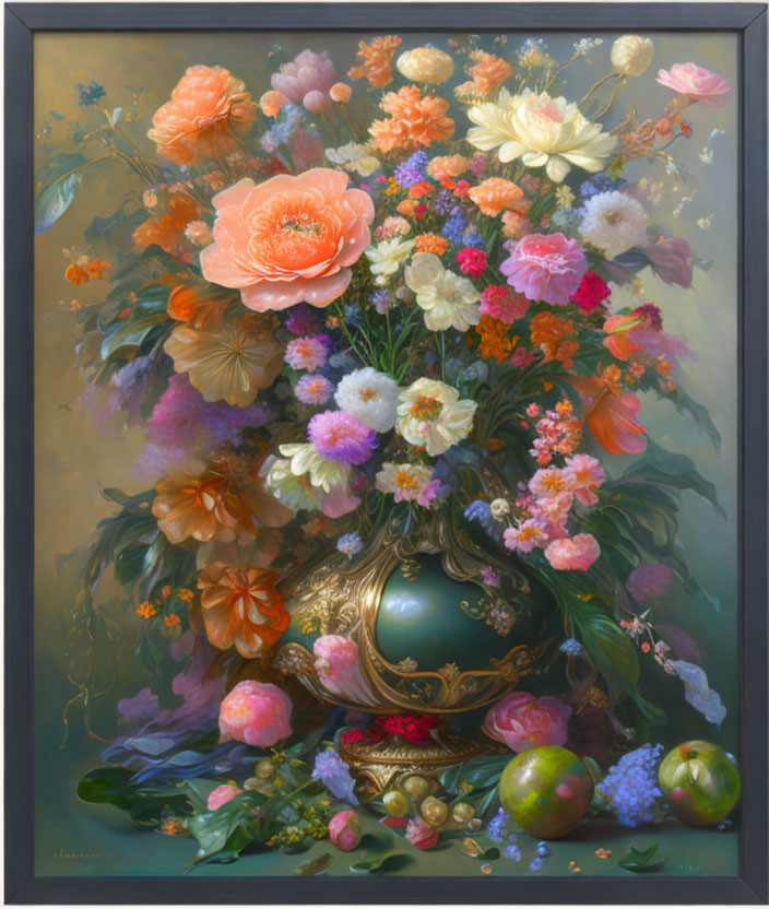 Colorful Flower Bouquet in Ornate Vase on Muted Background