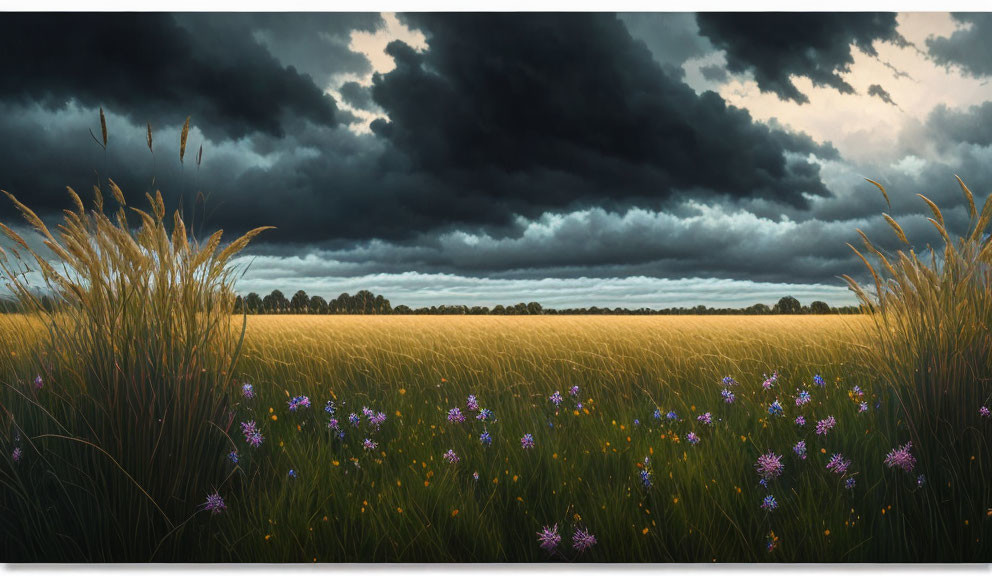 Golden field landscape under dramatic cloudy sky with wildflowers.