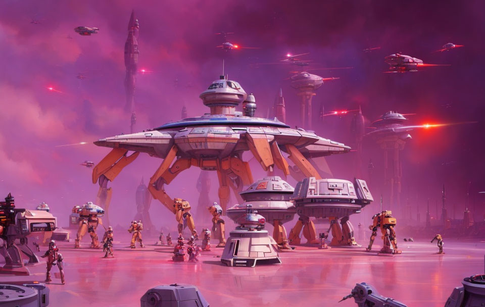 Futuristic sci-fi scene with robots, futuristic buildings, and flying vehicles under a purple sky