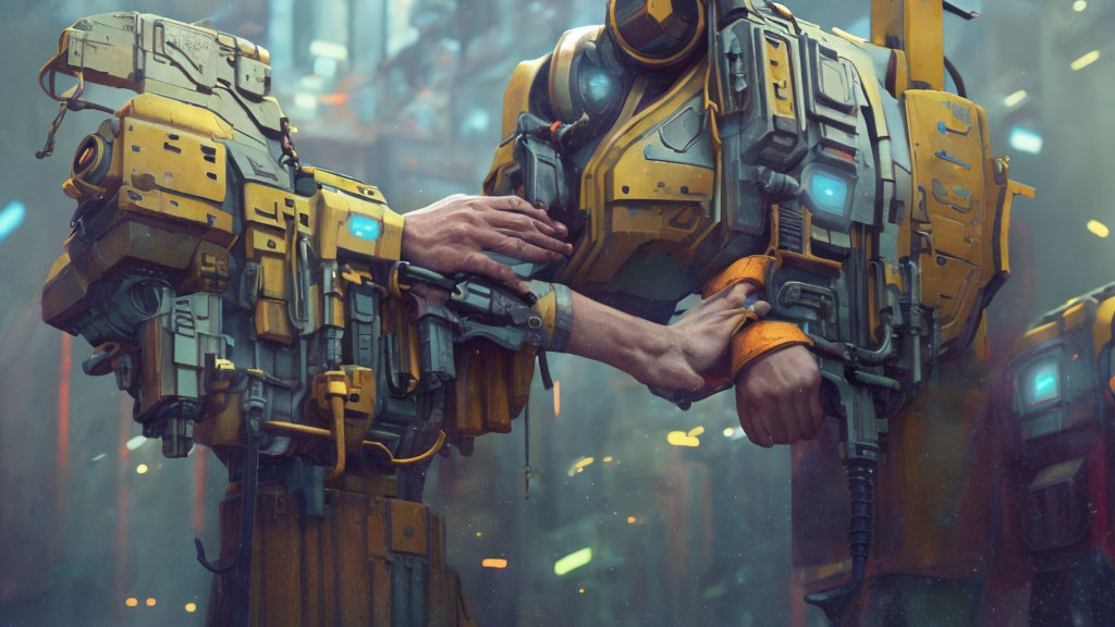 Giant yellow robot's finger touched by human hand in futuristic city