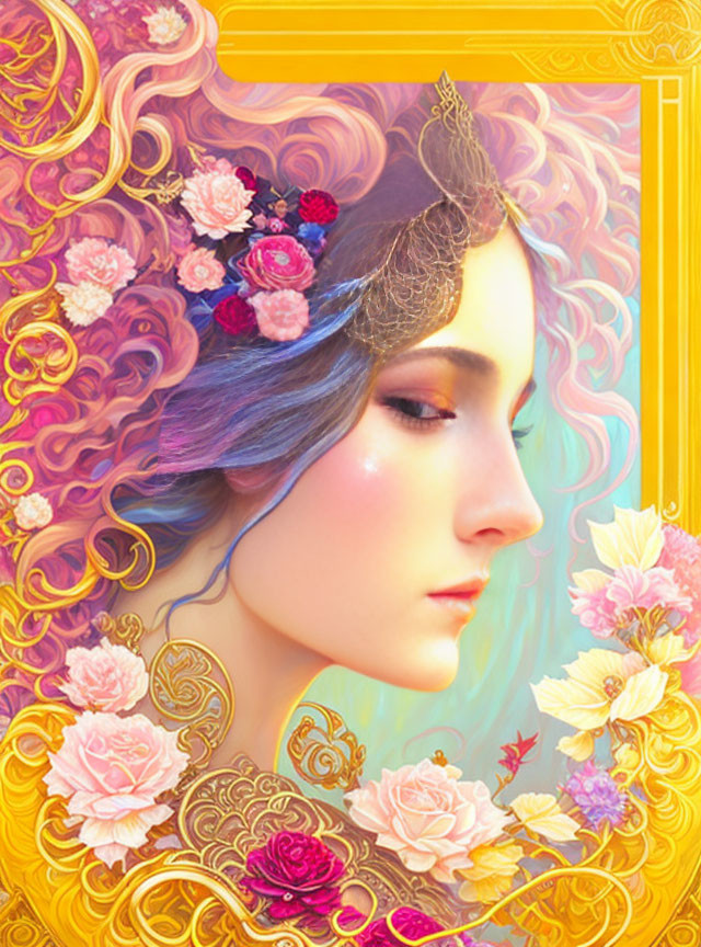 Colorful Digital Painting of Mythical Woman with Purple Hair and Floral Adornments