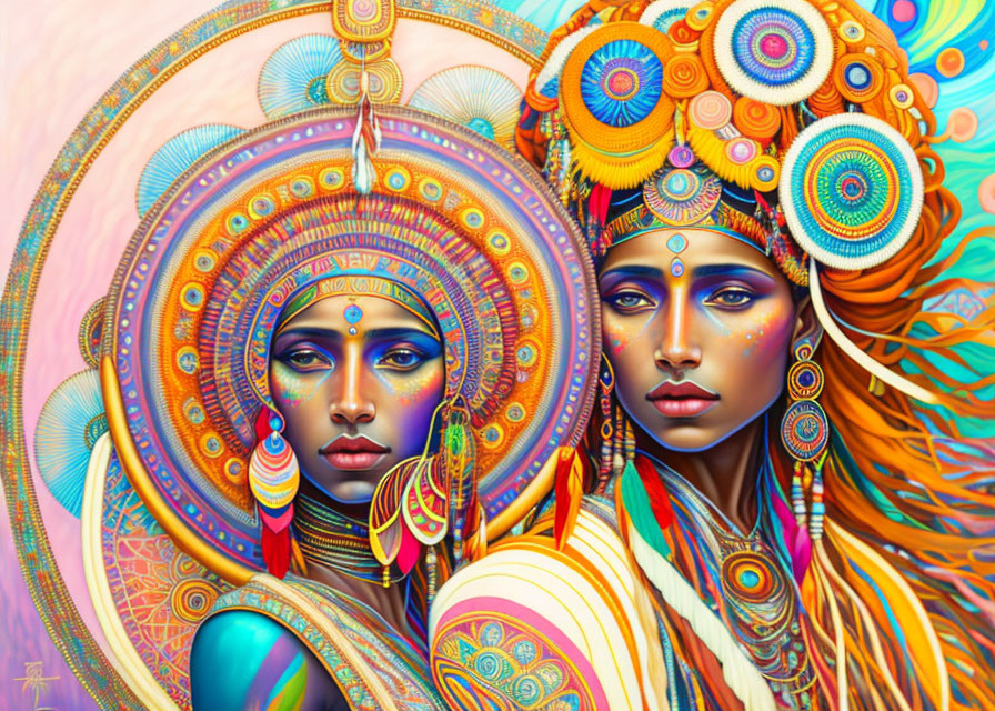 Colorful portraits of women with intricate headdresses on vibrant background