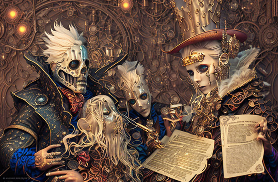 Ornately Dressed Figures with Masks and Mechanical Elements Against Clockwork Gears