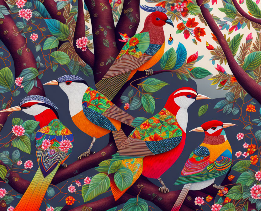 Vibrant illustrated birds on colorful floral branches