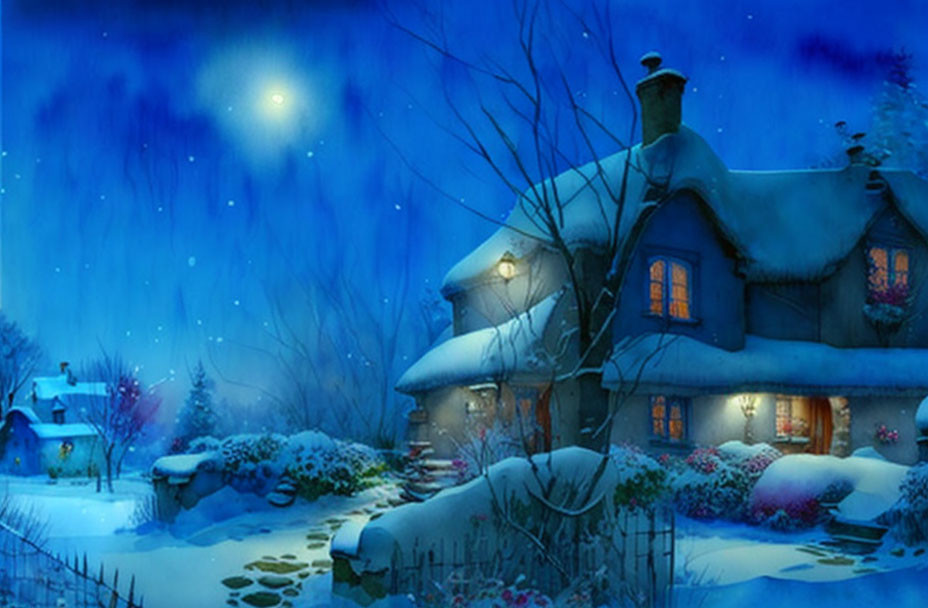 Snowy landscape with quaint cottage and starry night sky