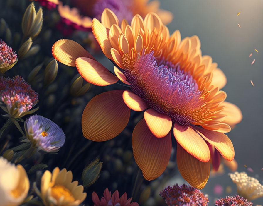 Vibrant orange gerbera surrounded by blooming flowers in golden sunlight