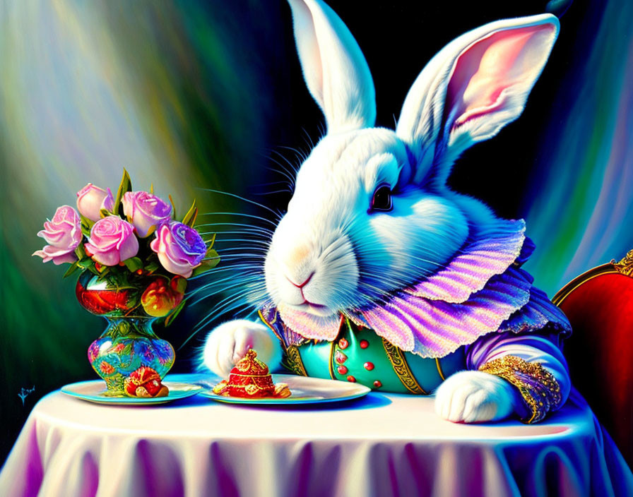 Colorful anthropomorphic white rabbit in renaissance attire with bell and roses.