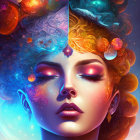 Colorful digital artwork: Woman with cosmic makeup, butterflies, and mystical ornament on starry backdrop