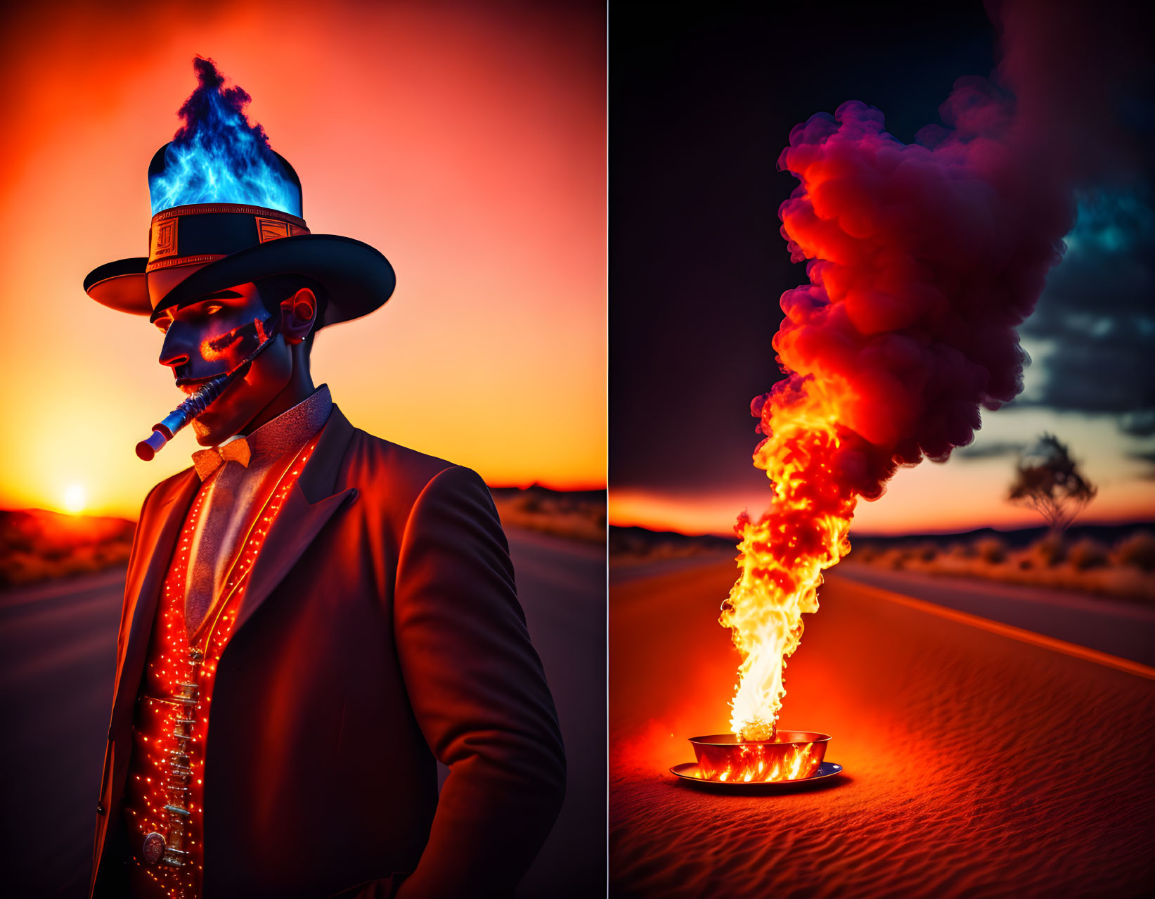 Man in suit with glowing elements and flaming hat by desert road at sunset with bowl emitting flames