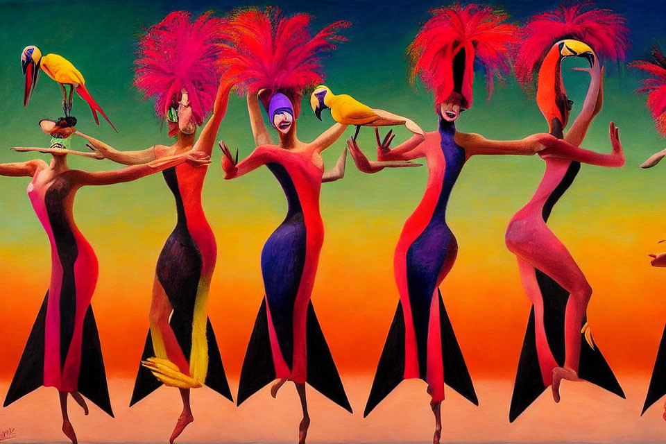 Vibrant painting of stylized female figures with exaggerated poses and tropical bird feathers