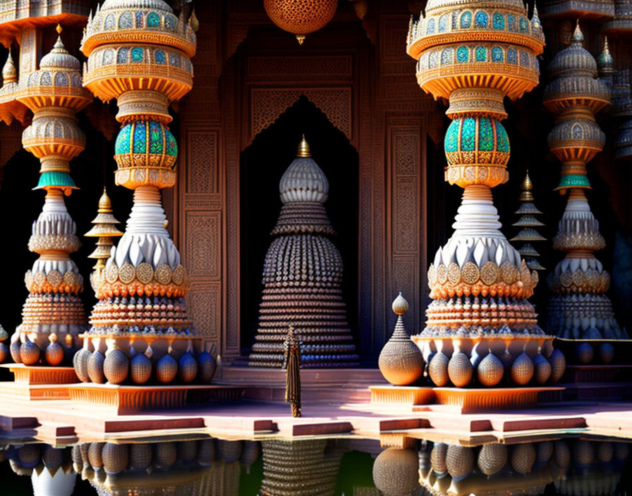 Traditional Indian Palace with Colorful Carved Pillars and Domes Reflected in Water