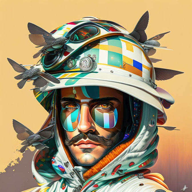 Man in Decorated Helmet with Feathers and Goggles in Spacesuit on Warm Background